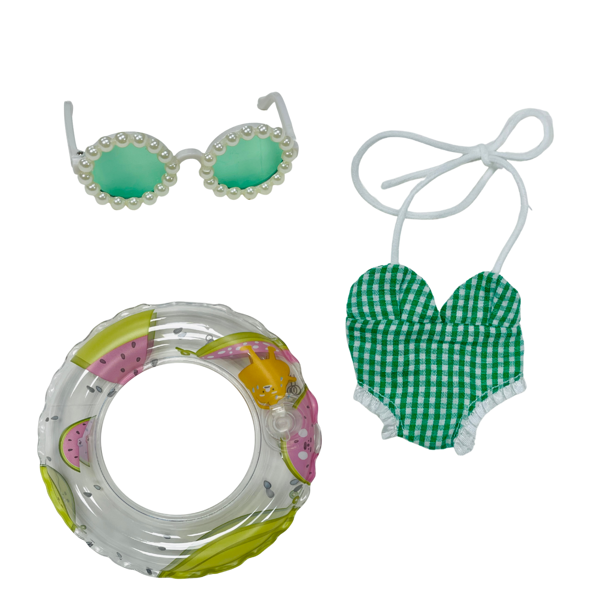 Mini Doll Summer Swimsuit & Pool Float Set ā Cute Beach Day Outfits for Doll 18cm Figures with Pearl Sunglasses