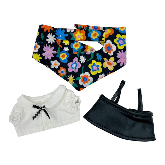 Mini Doll Retro Flower Hood & Leather Skirt Outfit for Kawaii Dolls, 3-Piece Handmade Set with Colorful Floral Scarf