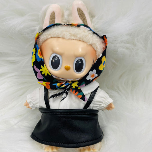 Mini Doll Retro Flower Hood & Leather Skirt Outfit for Kawaii Dolls, 3-Piece Handmade Set with Colorful Floral Scarf