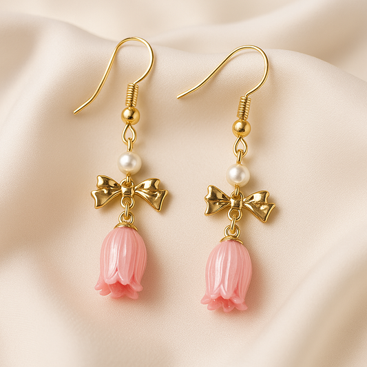 Bell Flower Bow Earrings Handmade Real Flower Dangles Unisex Elegant Design Versatile Appeal