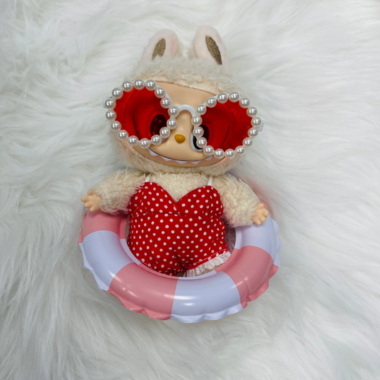 Mini Doll Summer Swimsuit & Pool Float Set – Cute Beach Day Outfits for Doll 18cm Figures with Pearl Sunglasses