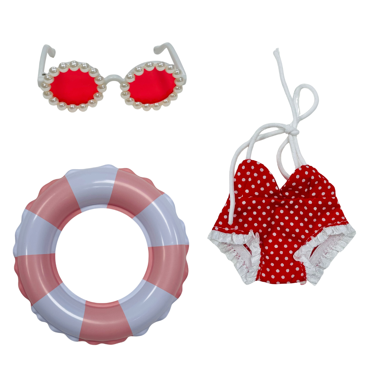 Mini Doll Summer Swimsuit & Pool Float Set – Cute Beach Day Outfits for Doll 18cm Figures with Pearl Sunglasses