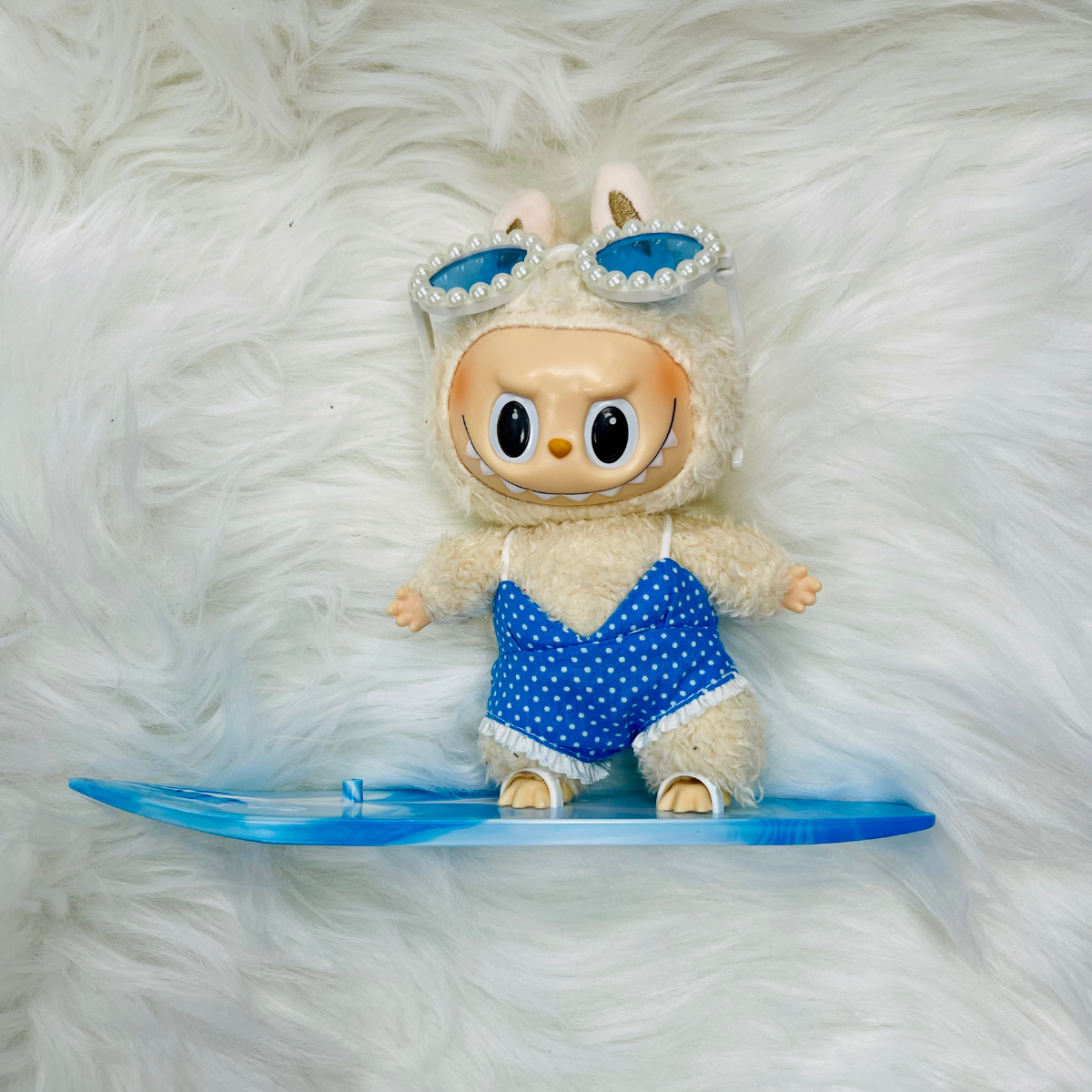 Mini Surf's Up Doll Outfit Set - Swimsuit Pearl Sunnies & Surfboard 3-Piece Set with Blue Dot Swimsuit and Pearl Sunglasses