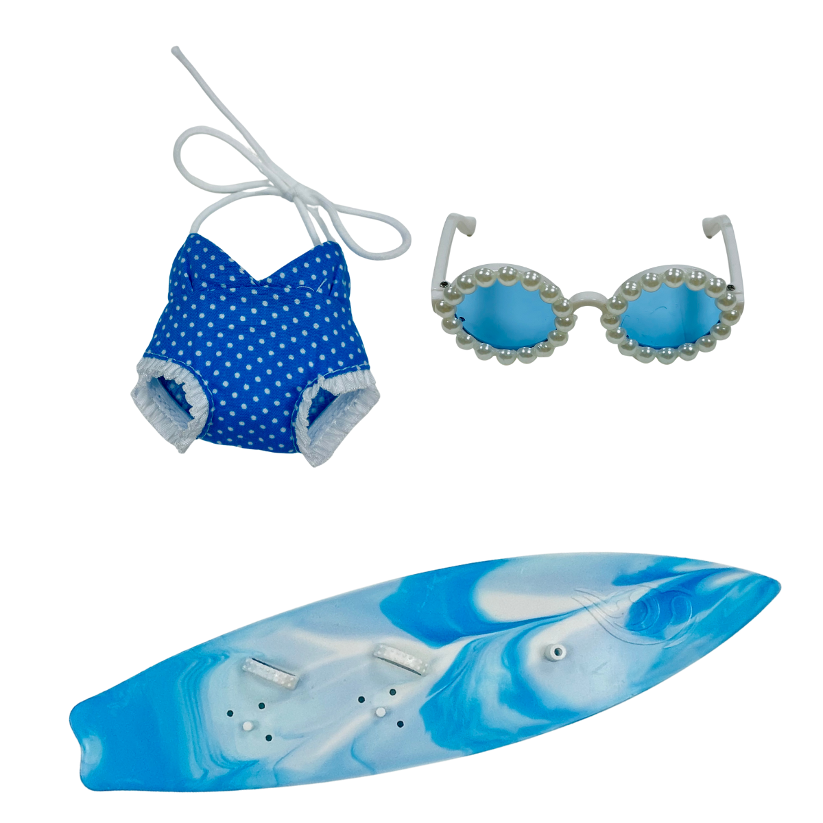 Mini Surf's Up Doll Outfit Set - Swimsuit Pearl Sunnies & Surfboard 3-Piece Set with Blue Dot Swimsuit and Pearl Sunglasses